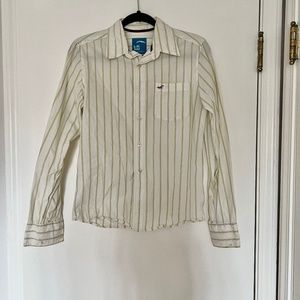 Unisex Hollister Mens White with Green Stripes Button Up Shirt
